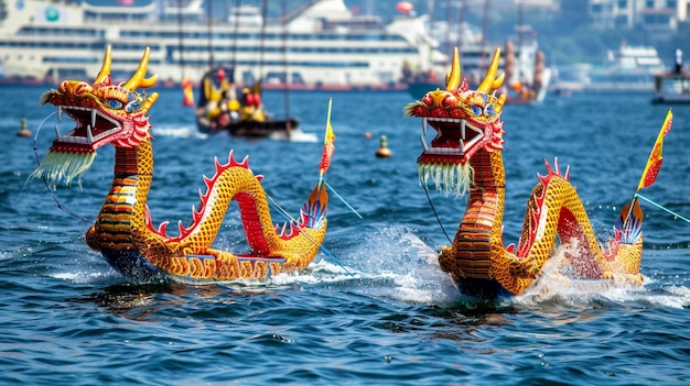 una carrera de barcos dragón rojo y amarillo
