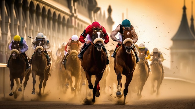 una carrera de caballos con un jinete vestido de rojo en la espalda.