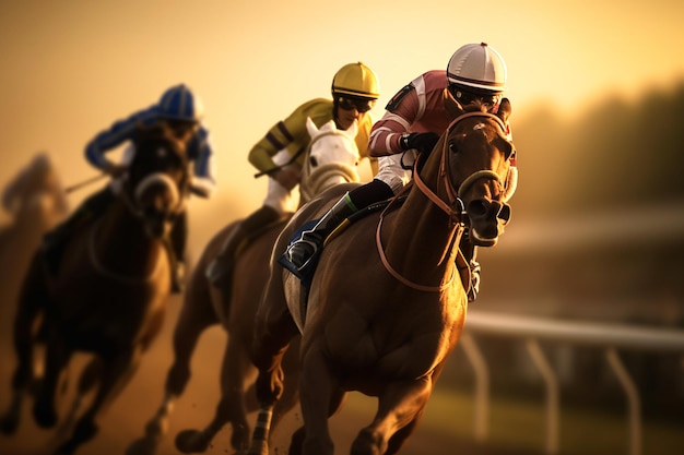 Foto carrera de caballos con jinetes al atardecer con ia generada