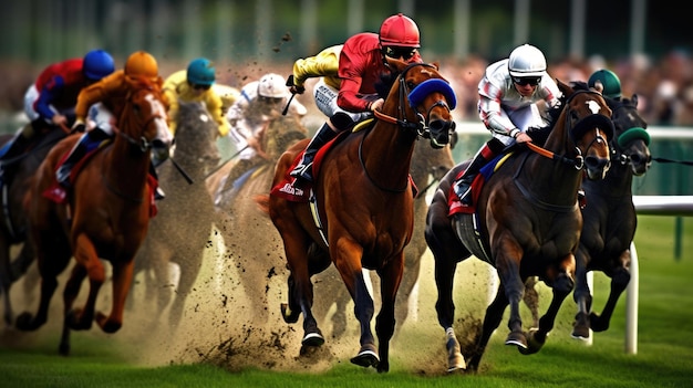 Una carrera de caballos con jinetes en la espalda.