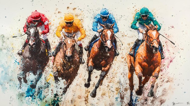 una carrera de caballos con jinetes en la parte trasera y el número 5 en la parte posterior