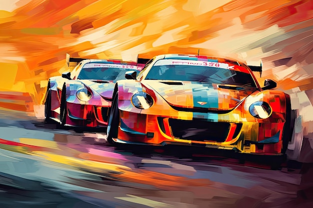 Una carrera divertida coches estilizados en acción en un lienzo de movimiento borroso IA generativa