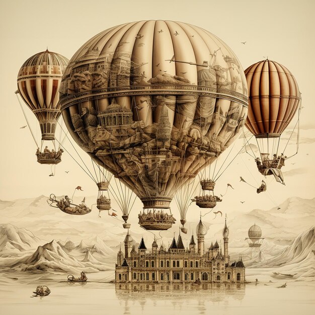 Foto una carrera de globos de aire caliente de la era victoriana con animales como pasajeros creada como una intrincada línea a