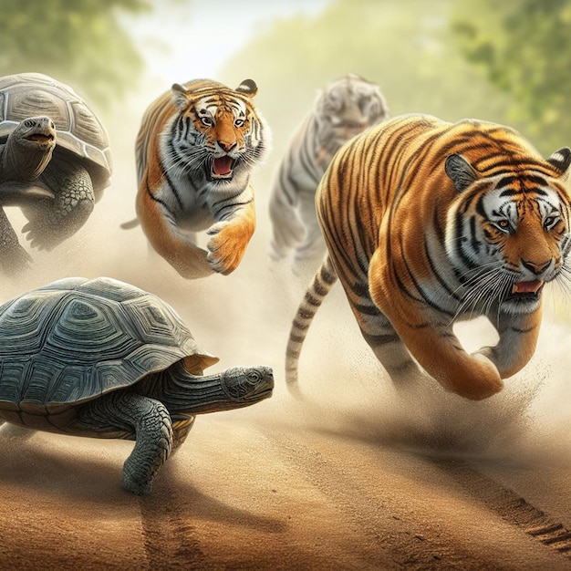 Foto la carrera del león contra la tortuga