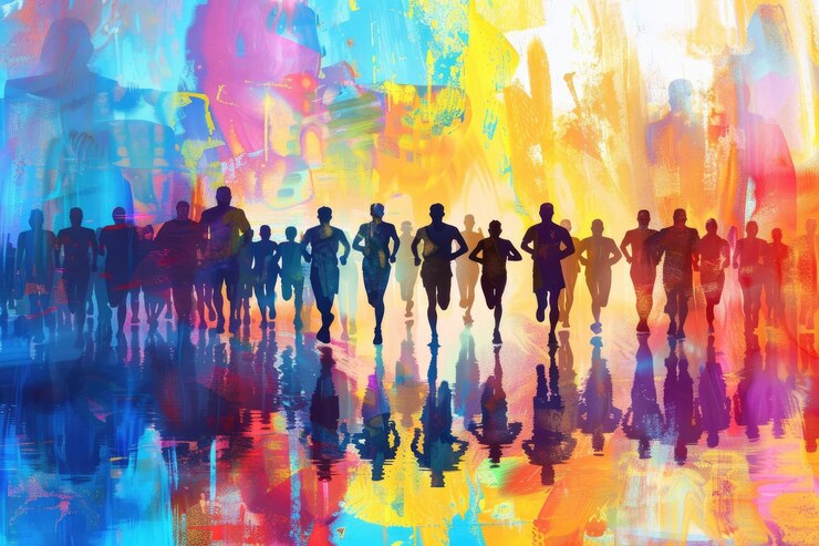 Foto carrera de maratón con siluetas de personas de colores