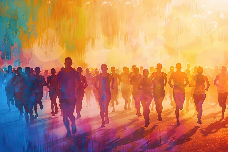 Foto carrera de maratón con siluetas de personas de colores