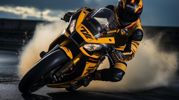 Carrera de motocicletas amarillas en una pista de velocidad.