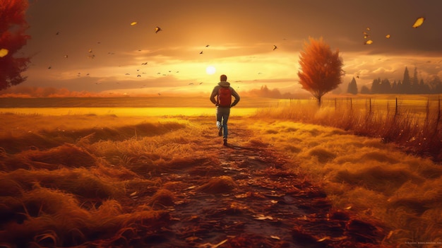 Carrera de otoño abrazando la serenidad en el campo al atardecer