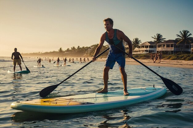 Carrera de paddleboard de pie en la playa