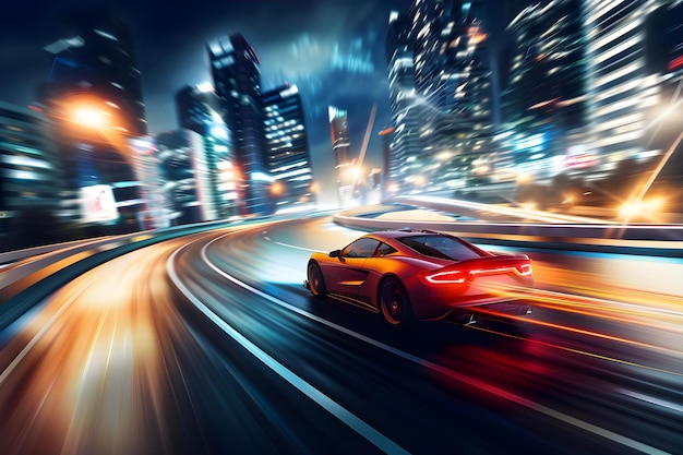 Foto carreras de autos de alta velocidad d en una autopista nocturna en una ciudad moderna dentro de un juego de simulador de carreras concept car racing highspeed gameplay nighttime city racing simulator gráficos modernos