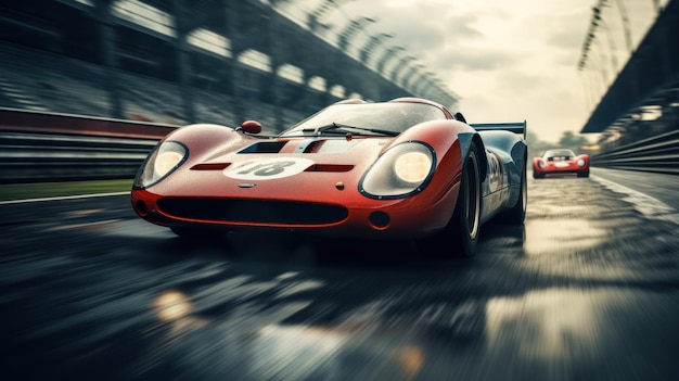 Foto carreras de autos retro y velocidad en una pista de carreras