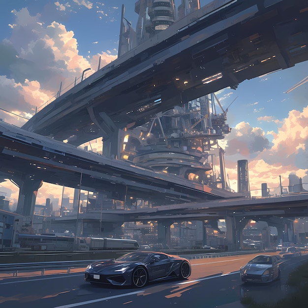 Carreras de coches eléctricos en el puente de la autopista futurista