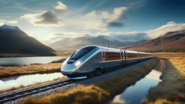 Foto carreras de trenes monorraíl aerodinámicos a lo largo de las vías sinuosas entre altos rascacielos de vidrio y acero