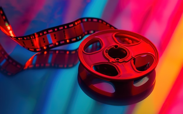 Un carrete de película antigua iluminado por luces de colores que capturan la esencia del clásico.