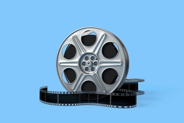 Carretel de filme isolado em fundo azul brilhante em cores pastel Conceito criativo minimalista renderização 3D
