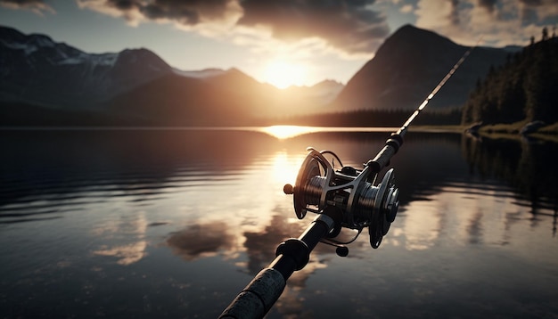 Carretel de vara de pesca no fundo do lago Generative AI