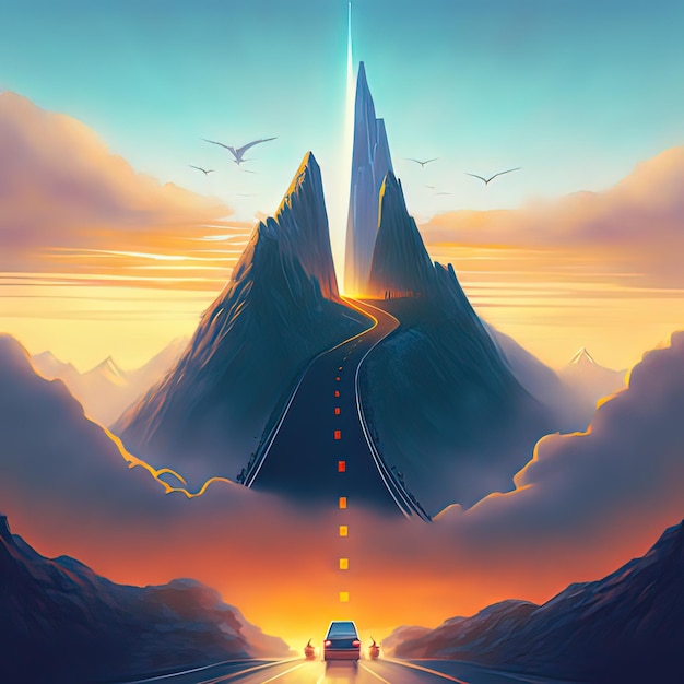 Carretera al cielo Coches en la carretera Puesta de sol Nubes Pintura de ilustración de estilo de arte digital en estilo de dibujos animados