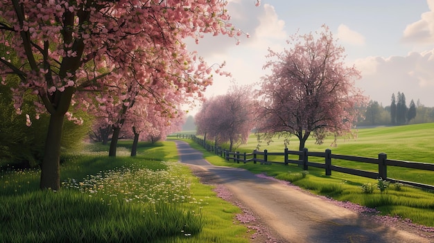 Carretera con árboles de cerezas en flor Bosque naturaleza vegetación bayas semillas jardín camino hojas de hierba generadas por IA