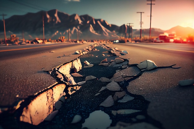 Carretera asfaltada agrietada en la ciudad al atardecergenerativo ai