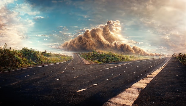 Carretera asfaltada con cielo azul y nubes esponjosas