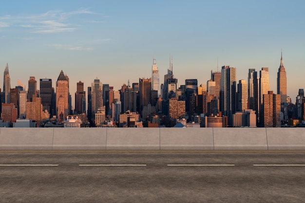 Carretera asfaltada urbana vacía exterior con edificios de la ciudad de fondo Nueva construcción de hormigón de carretera moderna Concepto de camino al éxito Transporte industria logística entrega rápida Nueva York EE.UU.