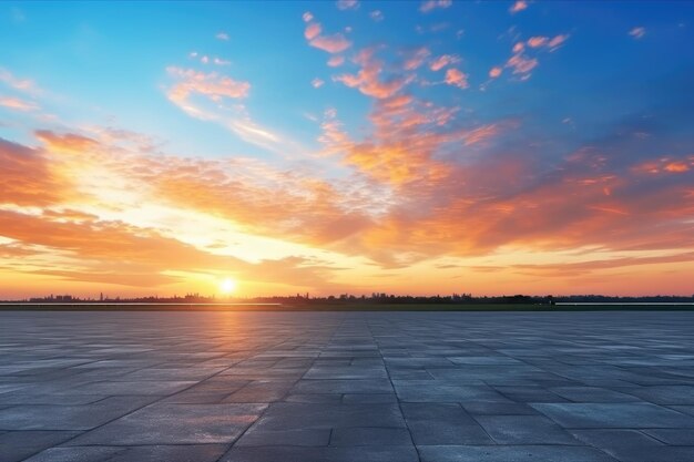 Foto carretera asfaltada vacía y hermoso cielo al atardecer vista panorámica