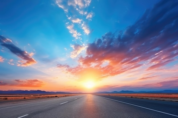 Carretera asfaltada vacía y hermoso cielo al atardecer vista panorámica