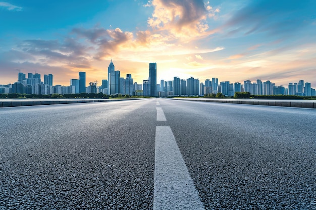 Foto carretera asfaltada vacía y horizonte de la ciudad con paisajes de edificios modernos en hangzhou china