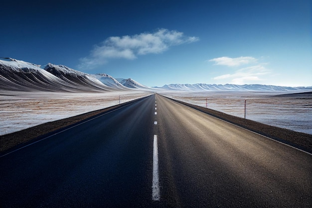 Carretera asfaltada vacía en Islandia con montañas nevadas en el fondo ai generativo