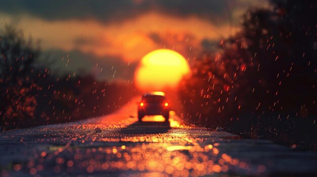 carretera de asfalto al atardecer con coche borroso