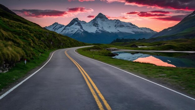 Carretera de asfalto con hierba verde y vista a las montañas