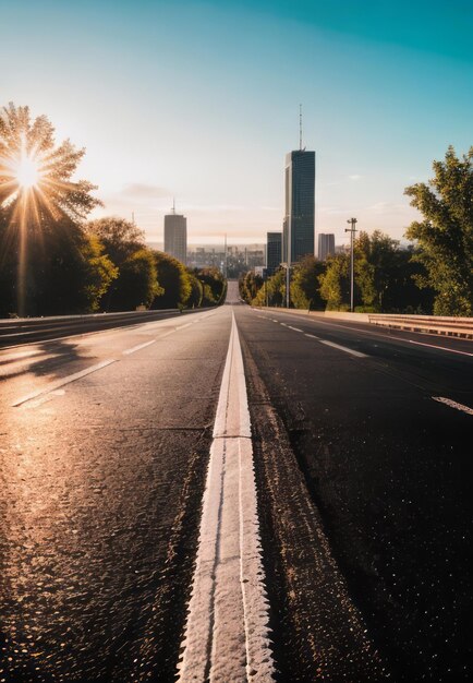 Foto carretera de asfalto y papel tapiz de la ciudad moderna