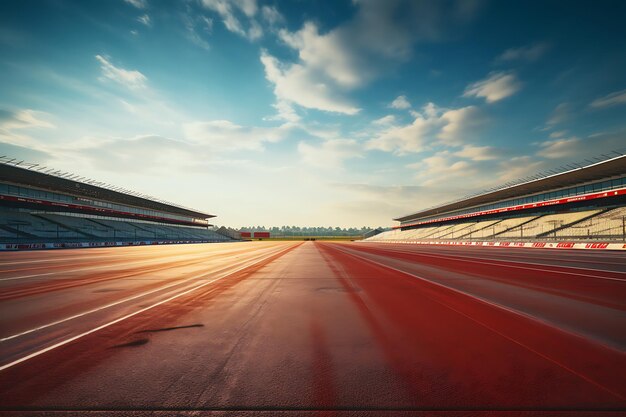 Foto carretera de asfalto vacía en el estadio con cielo azul nublado renderización 3d