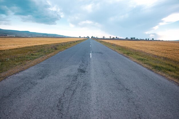 Carretera de asfalto vacía y fieldxA