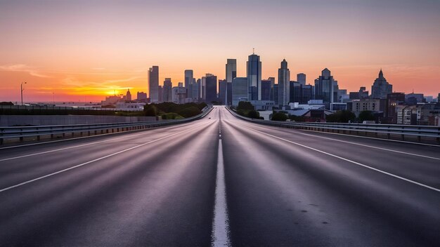 Carretera de asfalto vacía y horizonte de la ciudad al amanecer