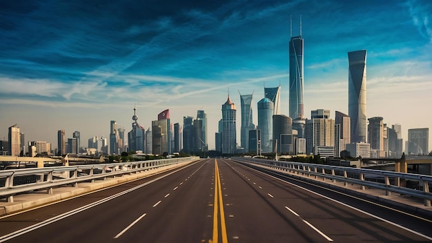 Carretera de asfalto vacía con el paisaje urbano de Shanghái en el cielo azul