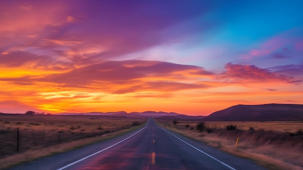 Una carretera con un atardecer de fondo