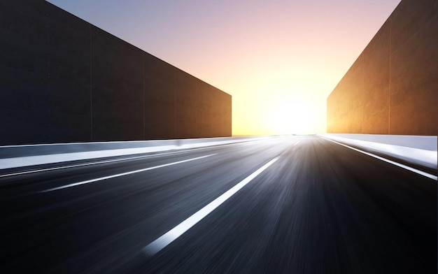 Una carretera con un atardecer de fondo