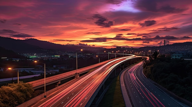 Una carretera con un atardecer de fondo