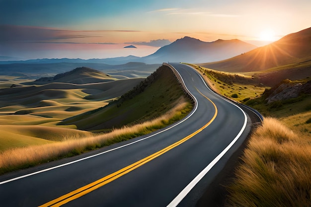 Una carretera con un atardecer de fondo