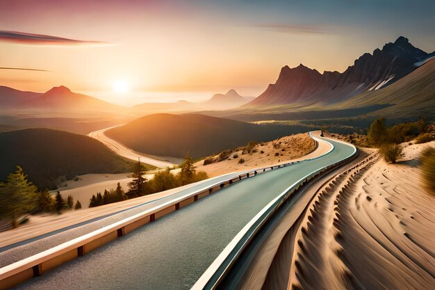 Una carretera con un atardecer de fondo