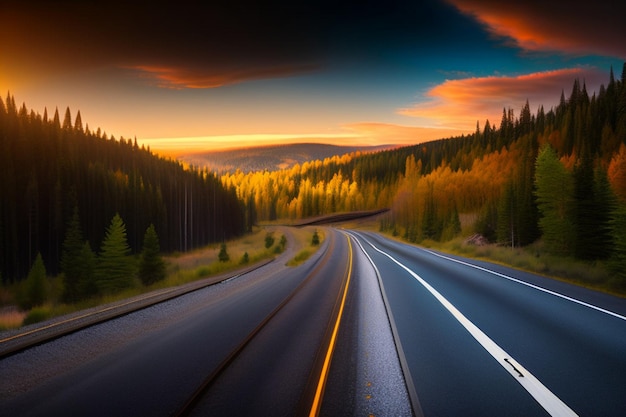 Una carretera con un atardecer de fondo