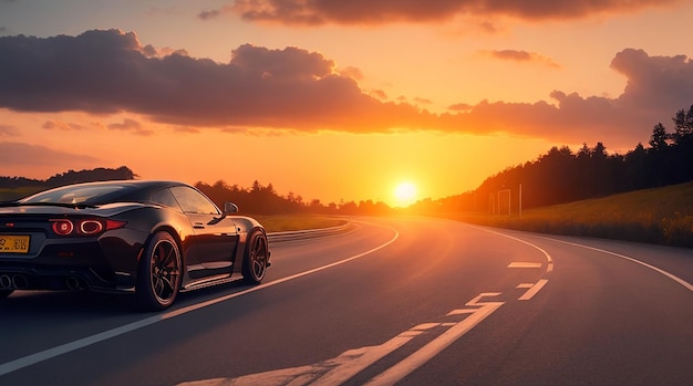 Carretera de autos deportivos negros en la puesta de sol