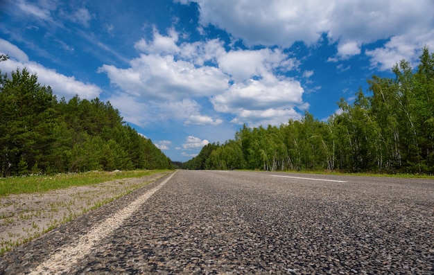 Carretera en el bosque con cielo y nubes Ucrania