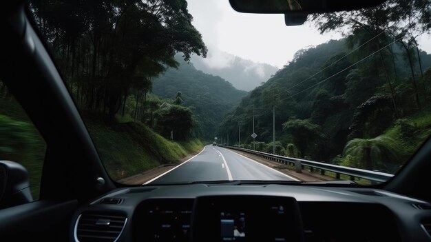 Carretera en bosque con coche Ilustración AI GenerativexA