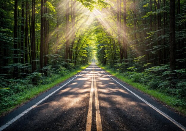 carretera en el bosque verde con rayos de sol y efecto de destello de la lente