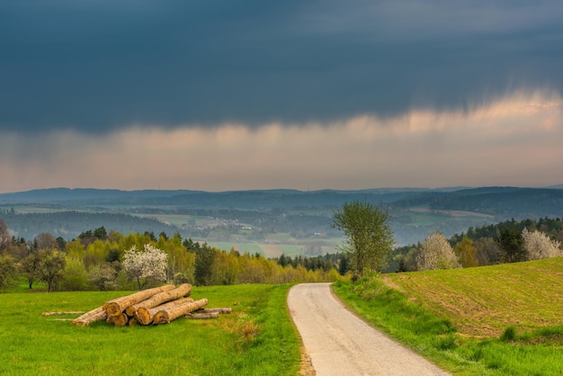 Carretera de campo rural y colinas onduladas en Polonia