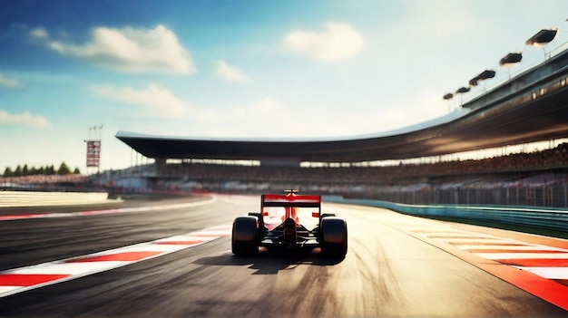 Foto carretera de circuito de pista de carreras de f1 con borrón de movimiento de coches de carreras f1 y estadio de tribuna para carreras de fórmula uno