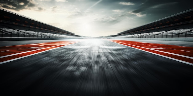 Foto carretera del circuito de la pista de carreras de f1 con desenfoque de movimiento y estadio de gradas para carreras de fórmula uno