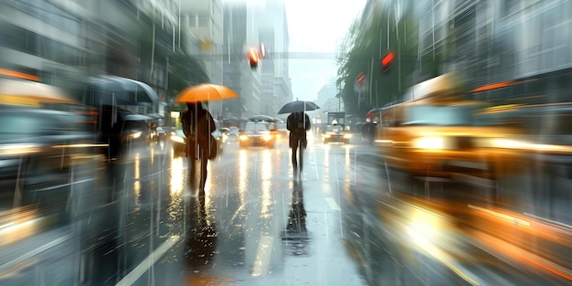 Foto carretera de la ciudad llena de lluvia con tráfico y peatones bajo paraguas en movimiento concepto vida de la ciudad clima lluvioso escenas urbanas fotografía de la calle movimiento y movimiento